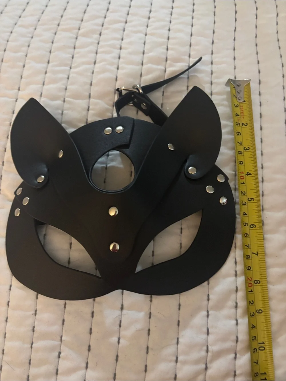 Black Faux Leather Cat Mask with Stud Accents